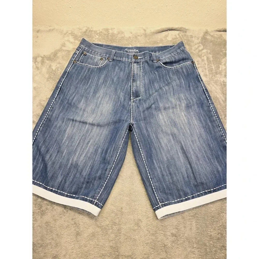 VTG Koman Shorts Mens 40 Blue Denim Shorts‎ White Stitched Baggy Jorts 5 Pocket